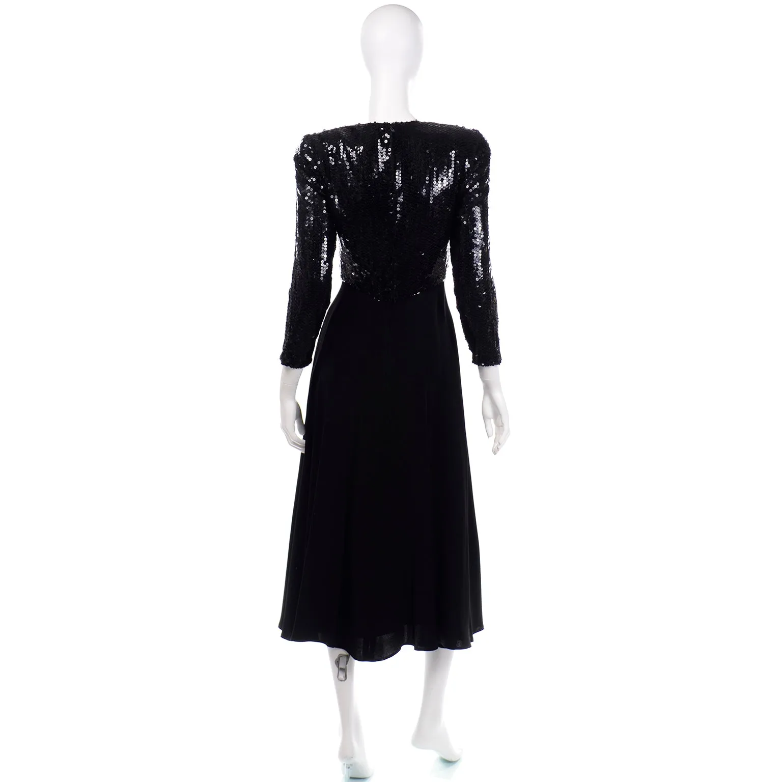 Albert Nipon Vintage Black Sequin Dress w Removable Ivory Collar & Cuffs