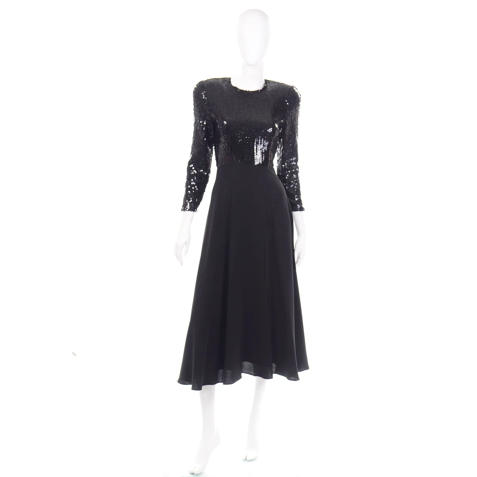 Albert Nipon Vintage Black Sequin Dress w Removable Ivory Collar & Cuffs