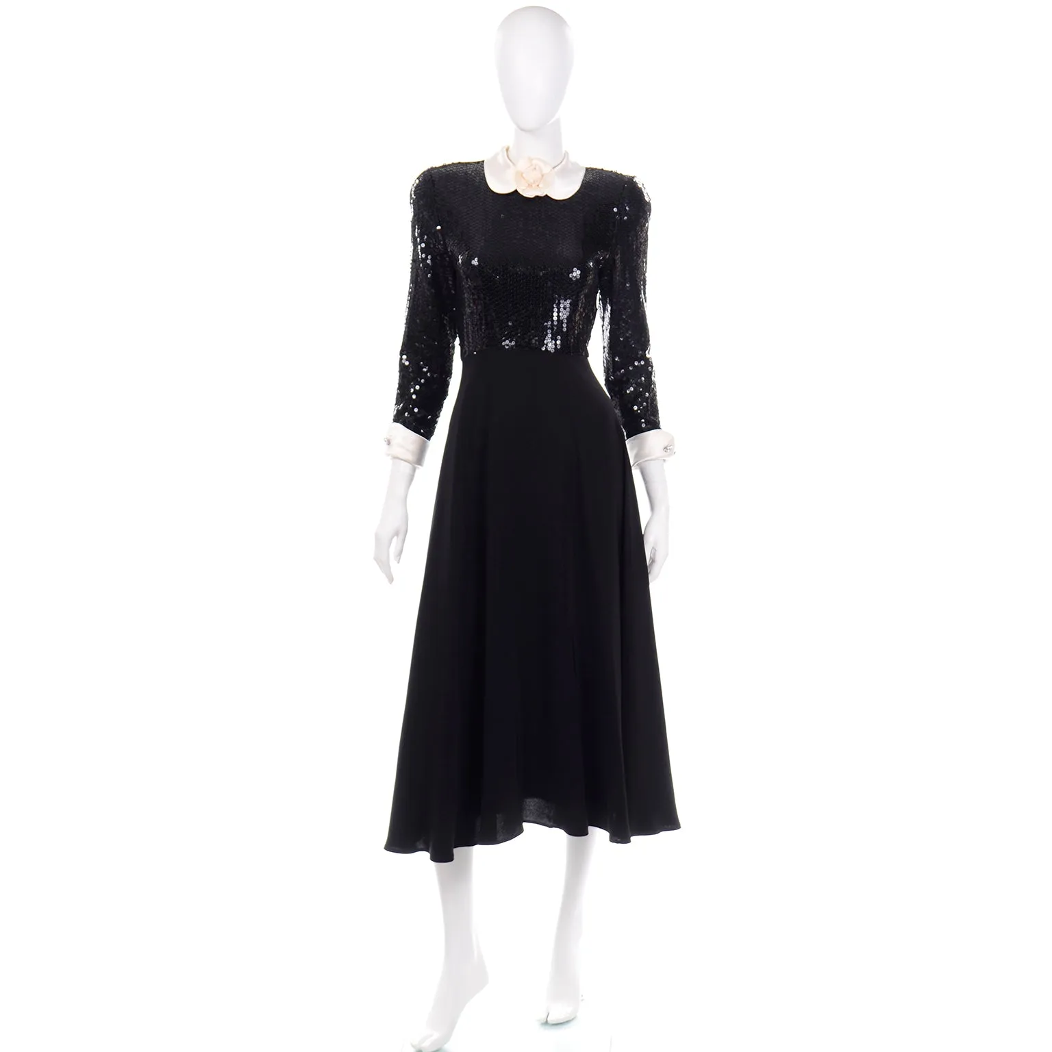 Albert Nipon Vintage Black Sequin Dress w Removable Ivory Collar & Cuffs