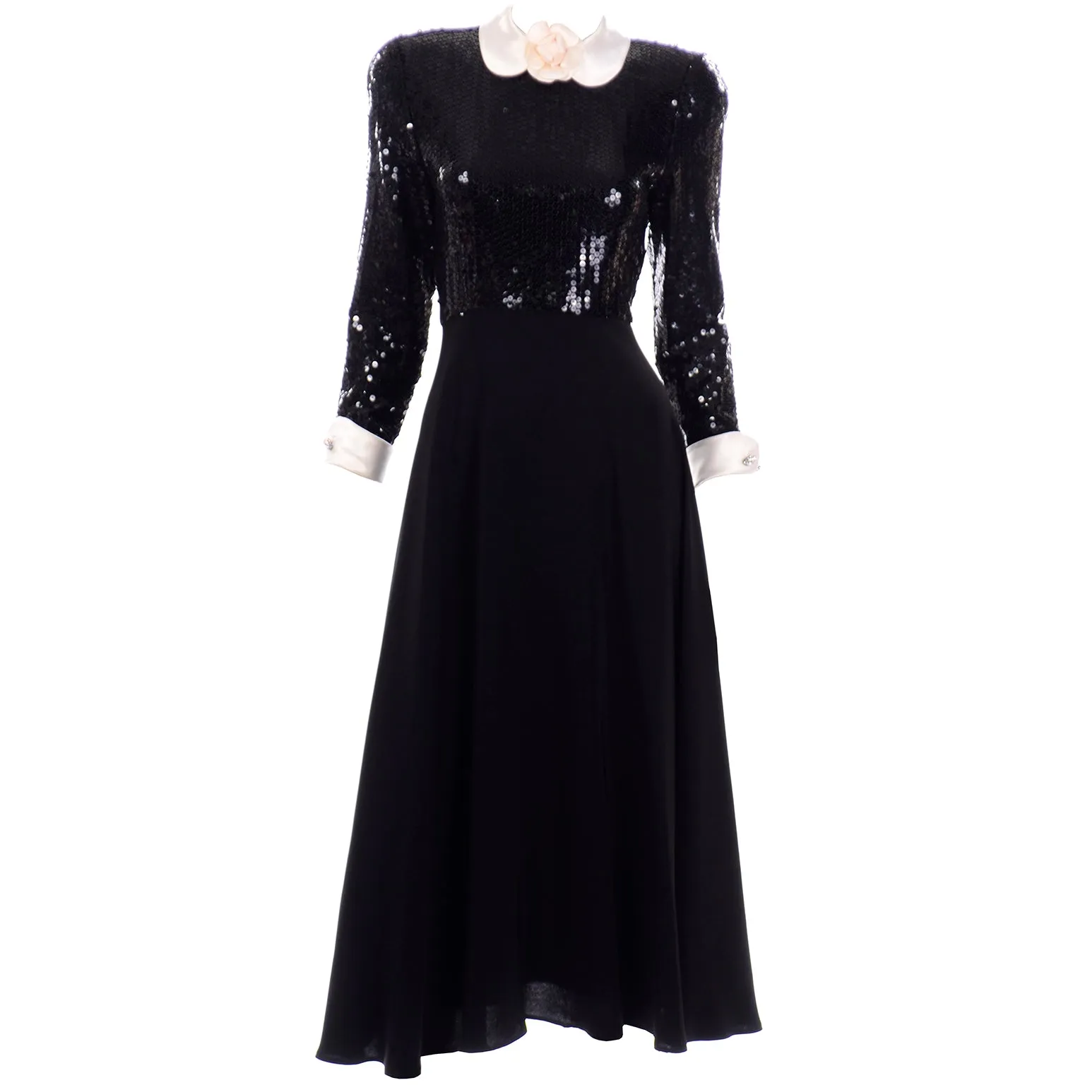 Albert Nipon Vintage Black Sequin Dress w Removable Ivory Collar & Cuffs