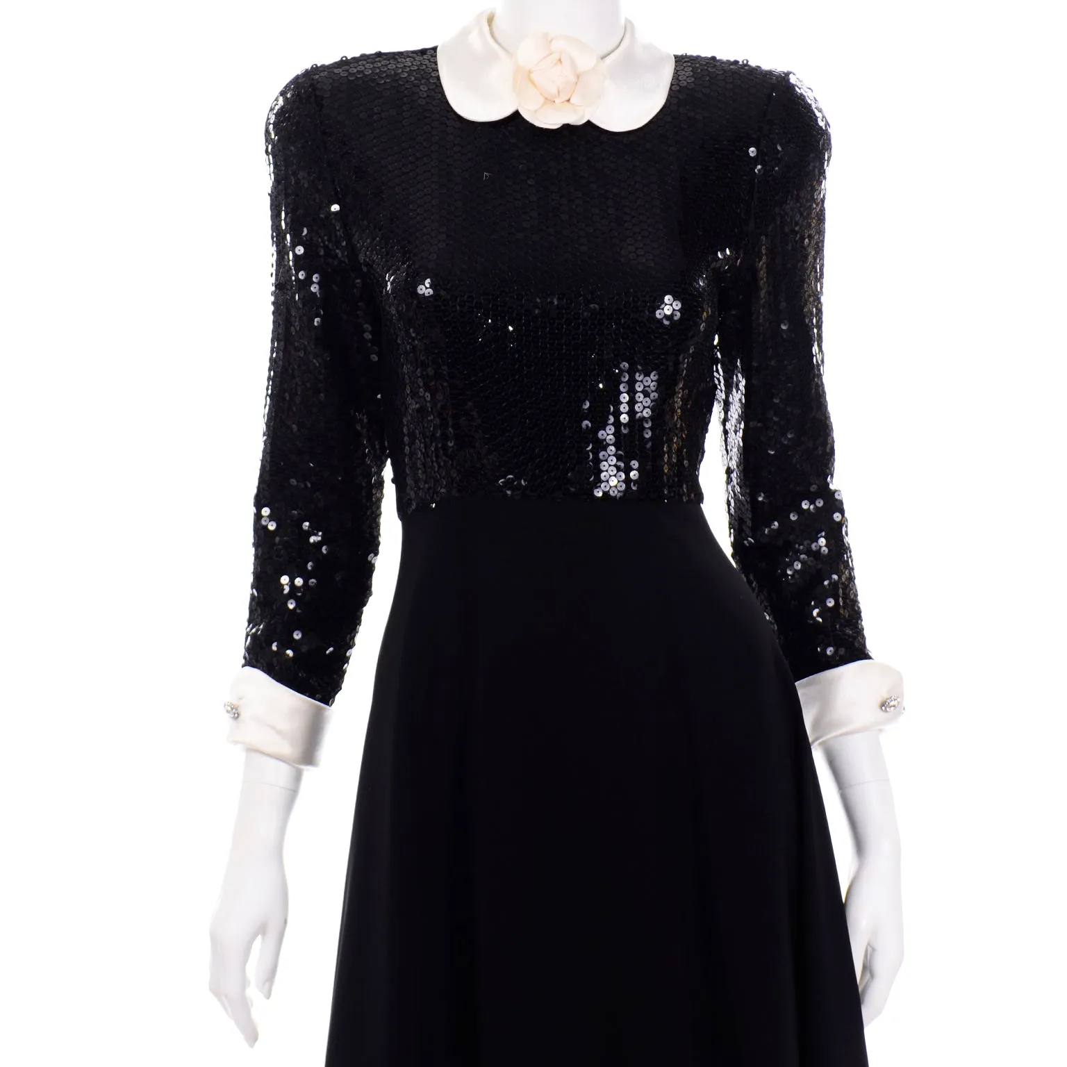 Albert Nipon Vintage Black Sequin Dress w Removable Ivory Collar & Cuffs