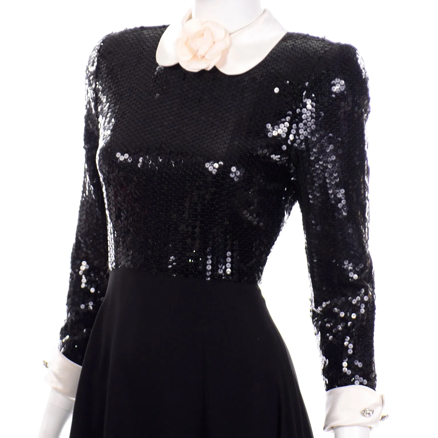 Albert Nipon Vintage Black Sequin Dress w Removable Ivory Collar & Cuffs