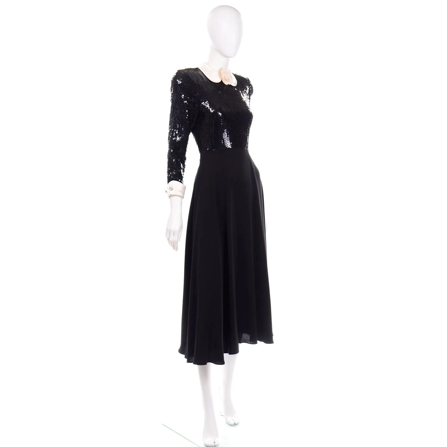 Albert Nipon Vintage Black Sequin Dress w Removable Ivory Collar & Cuffs