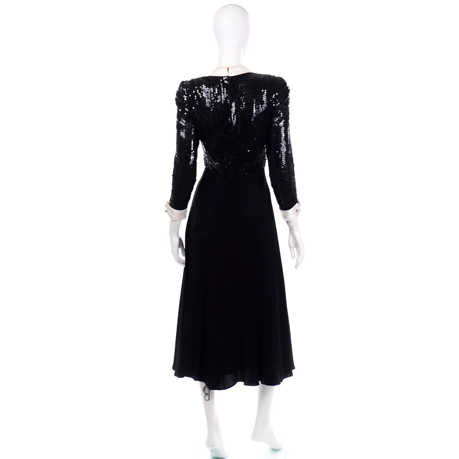 Albert Nipon Vintage Black Sequin Dress w Removable Ivory Collar & Cuffs