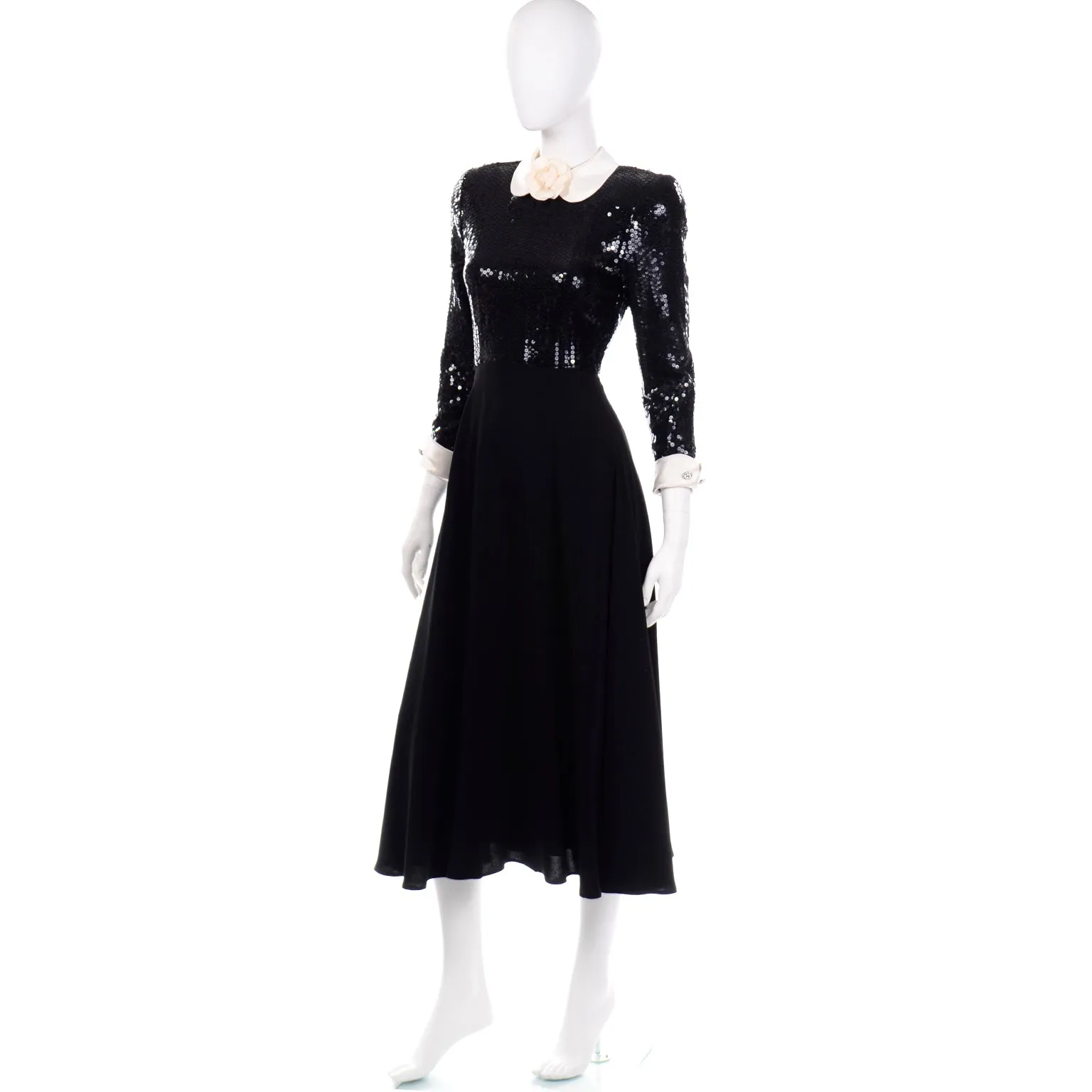 Albert Nipon Vintage Black Sequin Dress w Removable Ivory Collar & Cuffs