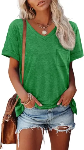 ATHMILE Womens T Shirts 2025 Short Sleeve V-Neck Shirts Cute Fit Summer Casual Tee Tops S-3XL Beach