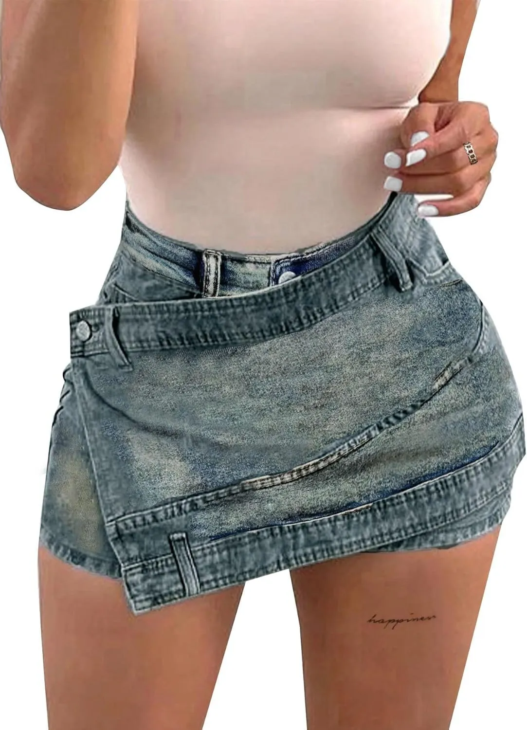 Avanova Women Jean Denim Skort Sexy High Waisted Asymmetrical Short Mini Skirt