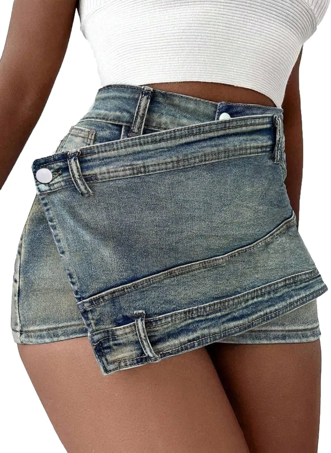 Avanova Women Jean Denim Skort Sexy High Waisted Asymmetrical Short Mini Skirt
