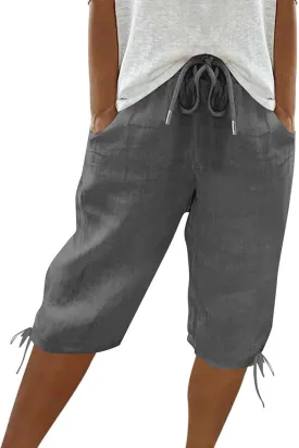 Bermuda Shorts for Women High Waisted Linen Capri Pants Knee Length Elastic Waist Drawstring Trousers with Pockets