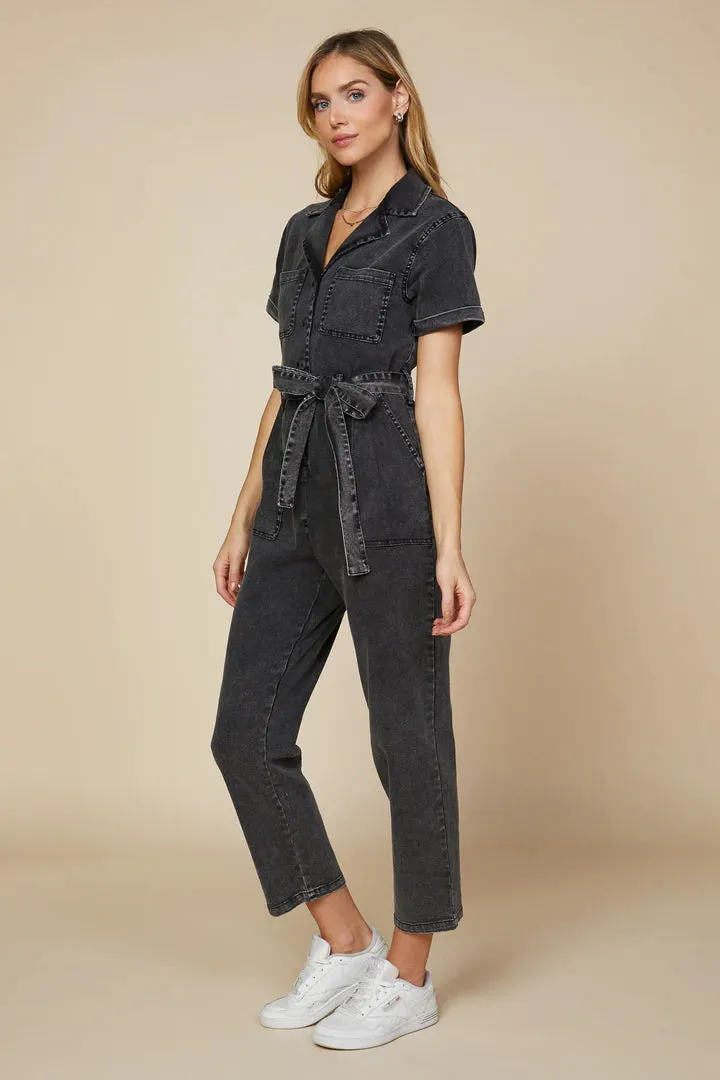 Black Short Sleeve Washed Utility Jumpsuit