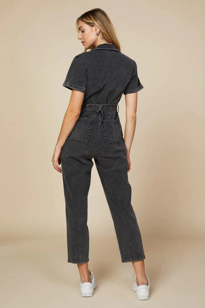 Black Short Sleeve Washed Utility Jumpsuit
