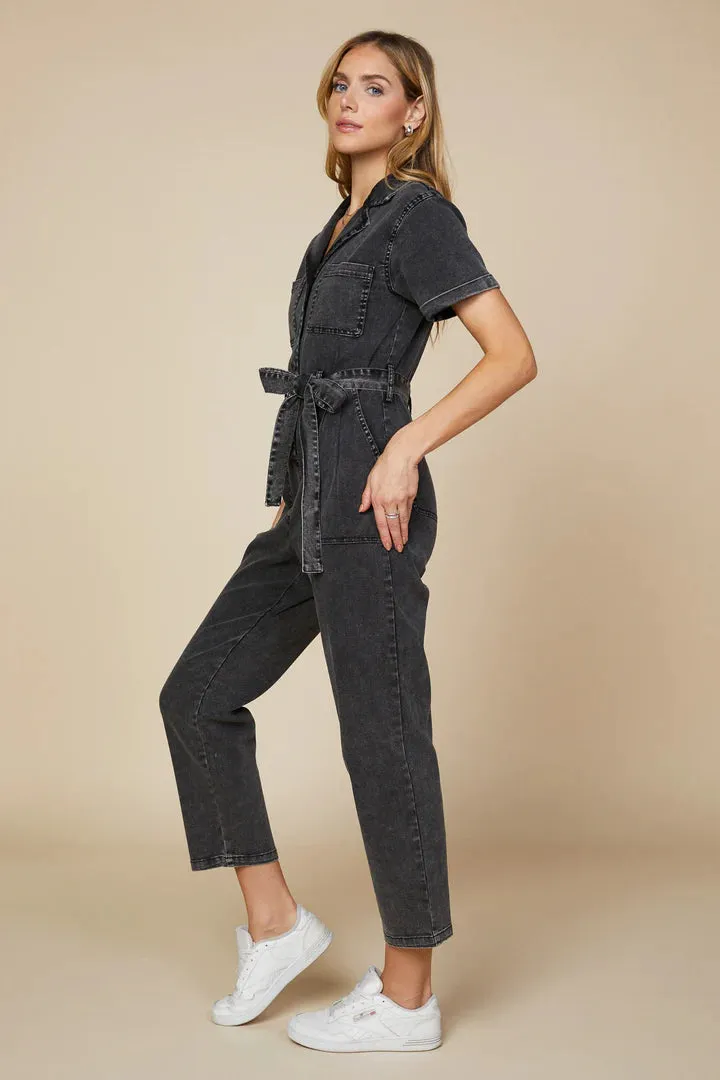 Black Short Sleeve Washed Utility Jumpsuit