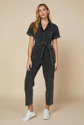 Black Short Sleeve Washed Utility Jumpsuit