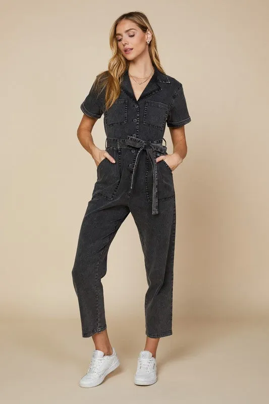 Black Short Sleeve Washed Utility Jumpsuit