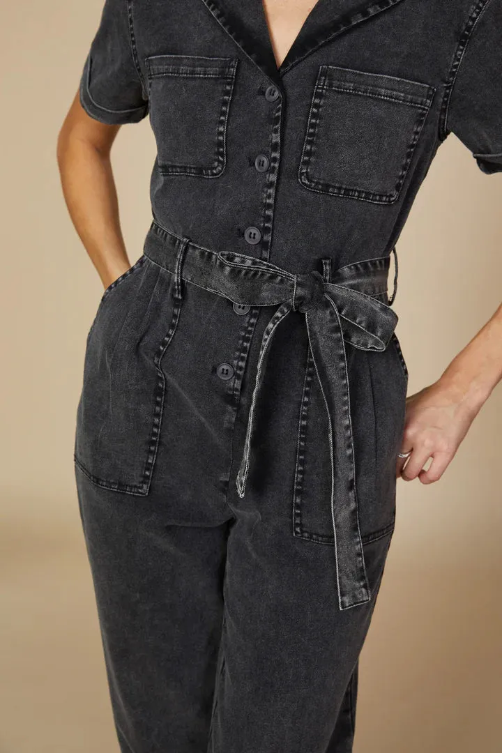 Black Short Sleeve Washed Utility Jumpsuit