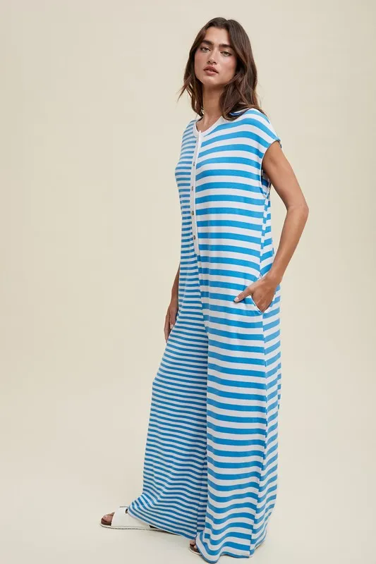 Blue/White Multi-Striped Button-Up Jumpsuit