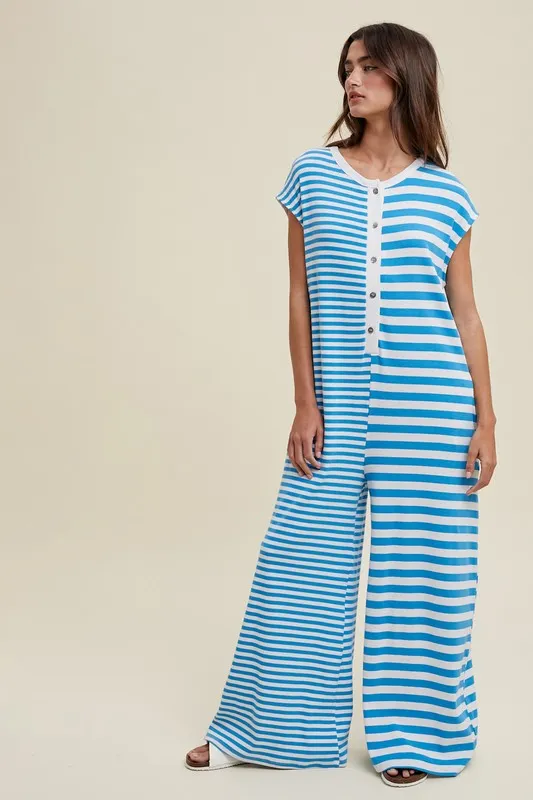 Blue/White Multi-Striped Button-Up Jumpsuit