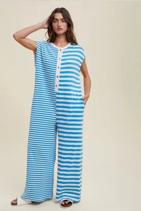 Blue/White Multi-Striped Button-Up Jumpsuit
