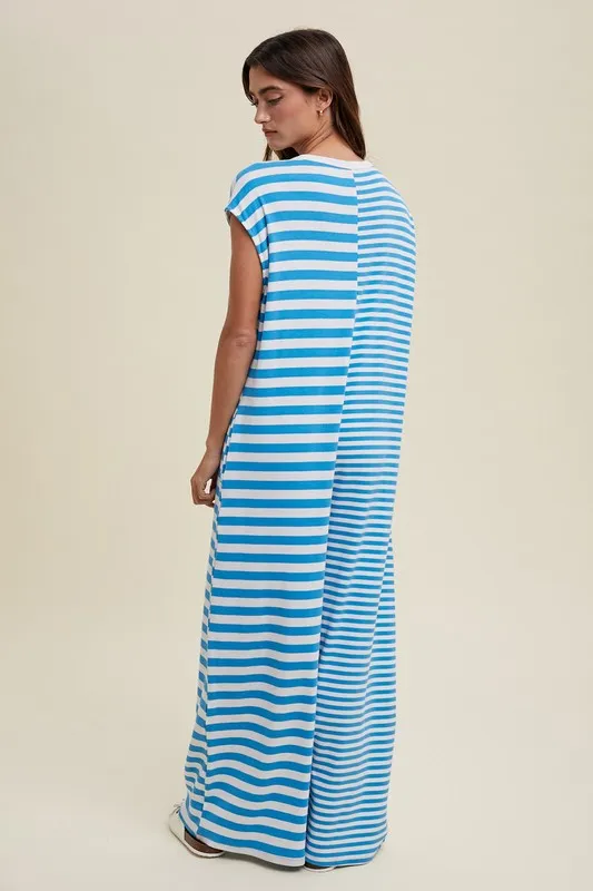 Blue/White Multi-Striped Button-Up Jumpsuit
