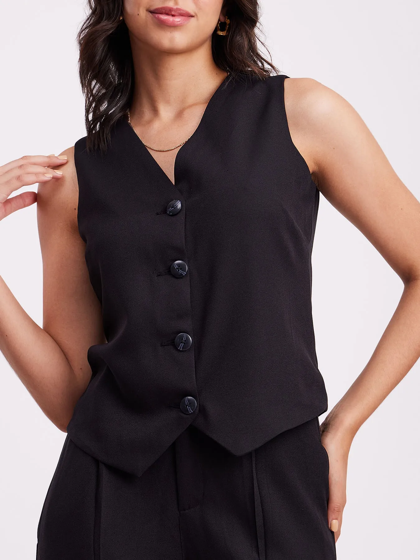 Button Detail Top & Front Pleat Trouser Co-ord - Black