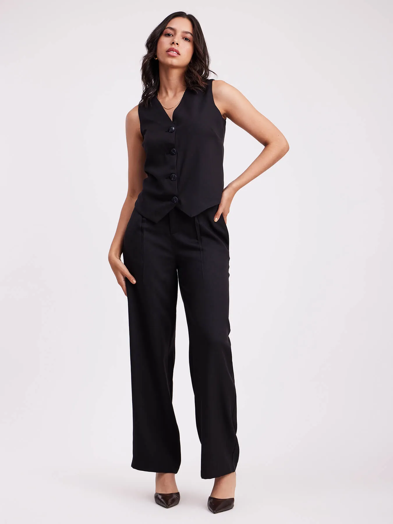 Button Detail Top & Front Pleat Trouser Co-ord - Black