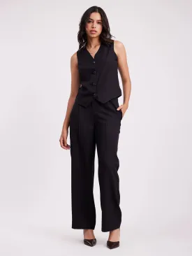 Button Detail Top & Front Pleat Trouser Co-ord - Black