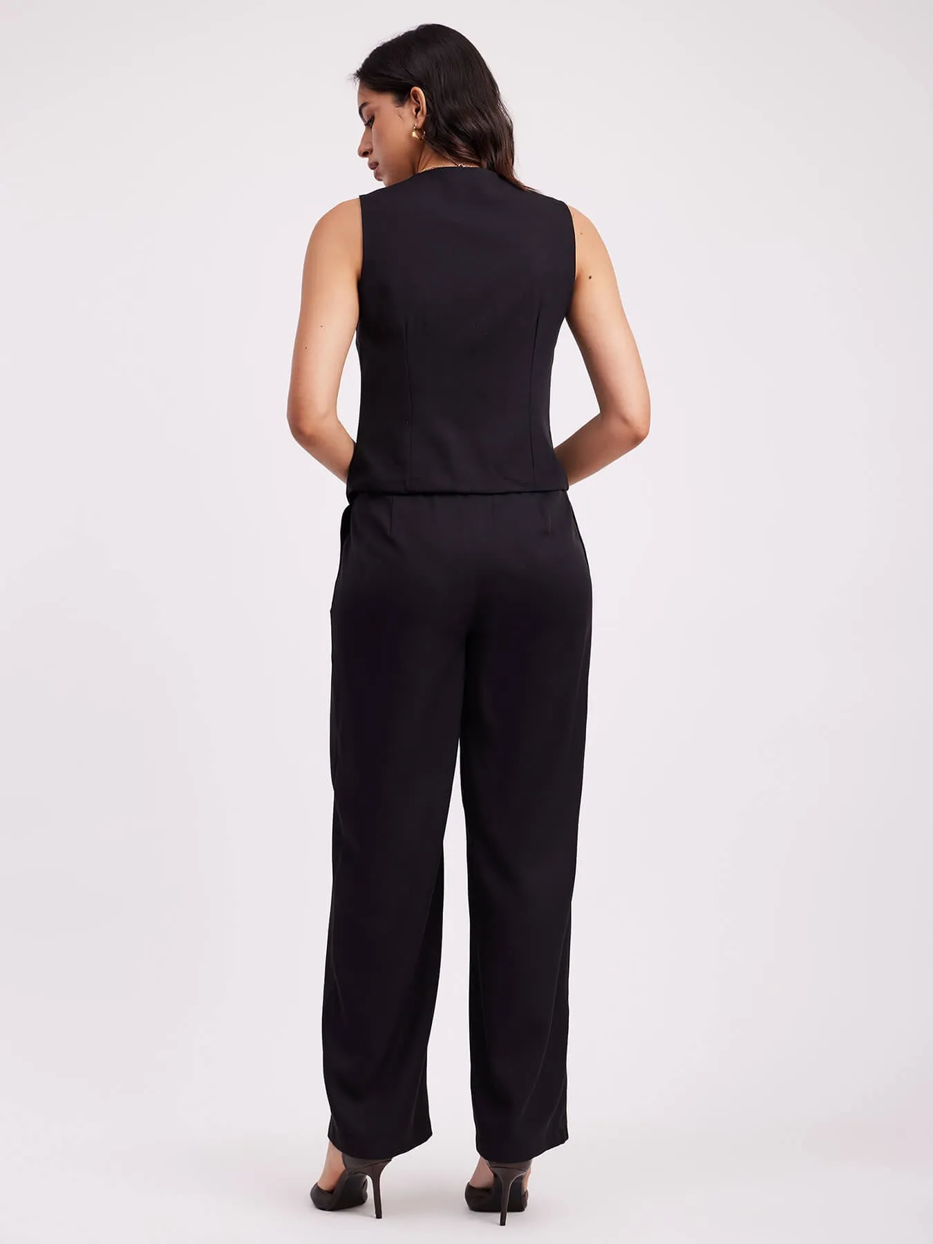 Button Detail Top & Front Pleat Trouser Co-ord - Black