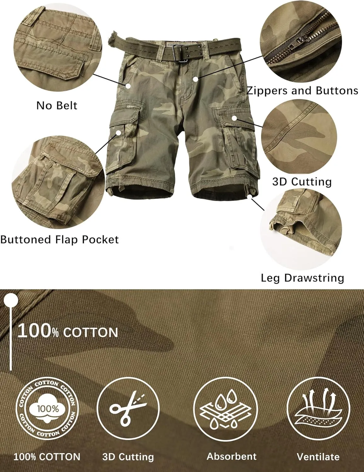 Camo Cargo Shorts for Men Cotton Casual Wild Outdoor Work Relaxed Fit Shorts with Multi-Pockets
