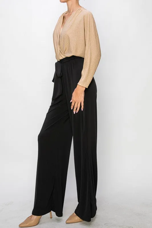 Champagne Gliler Wrap Jumpsuit With 3/4 Sleeves