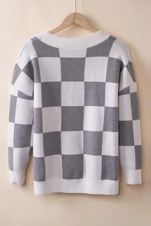 Checkered Button-Up Dropped Shoulder Cardigan