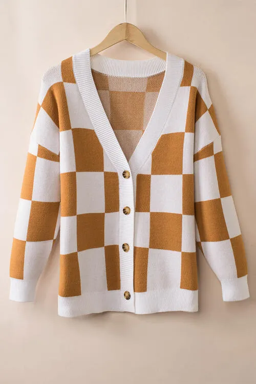 Checkered Button-Up Dropped Shoulder Cardigan