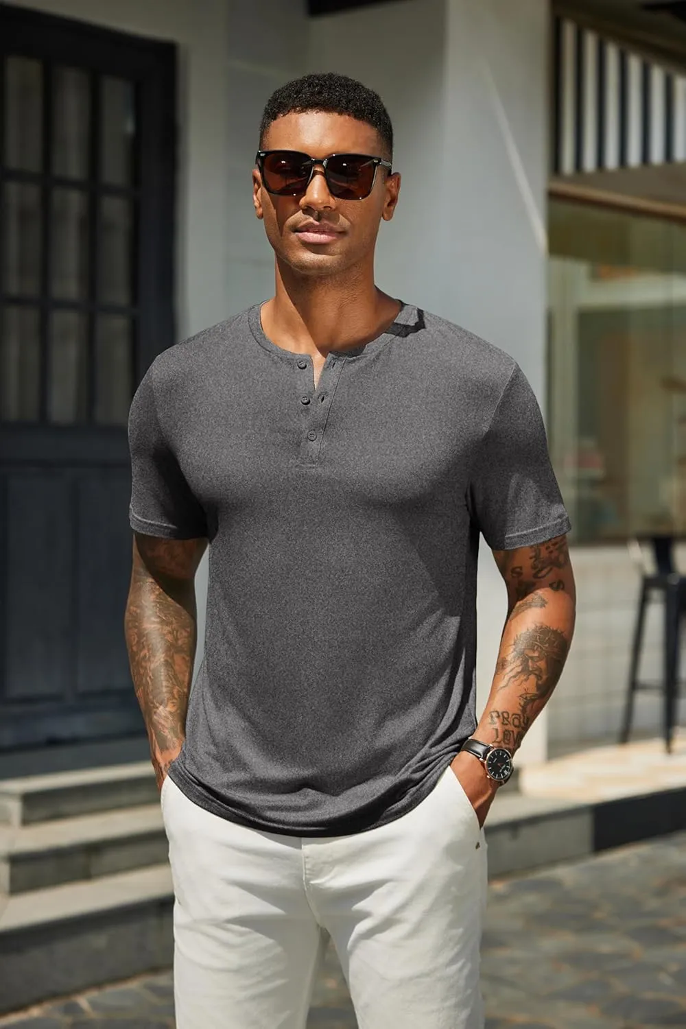 COOFANDY Men's Henley Shirts Short Sleeve Casual Summer Basic T Shirt Soild Button Tee Top