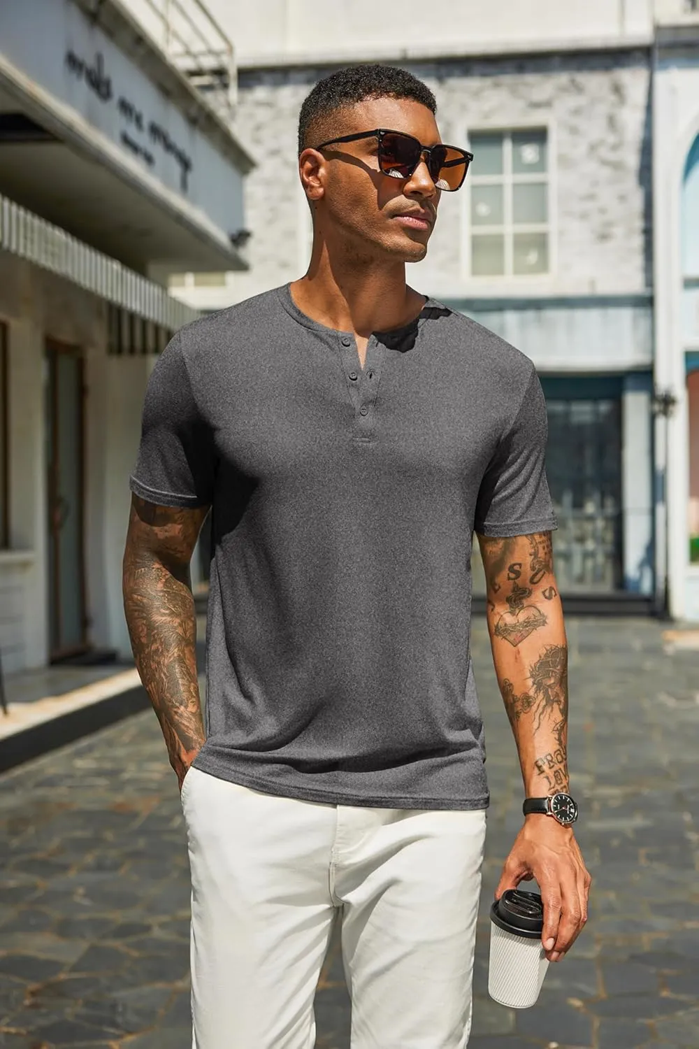 COOFANDY Men's Henley Shirts Short Sleeve Casual Summer Basic T Shirt Soild Button Tee Top