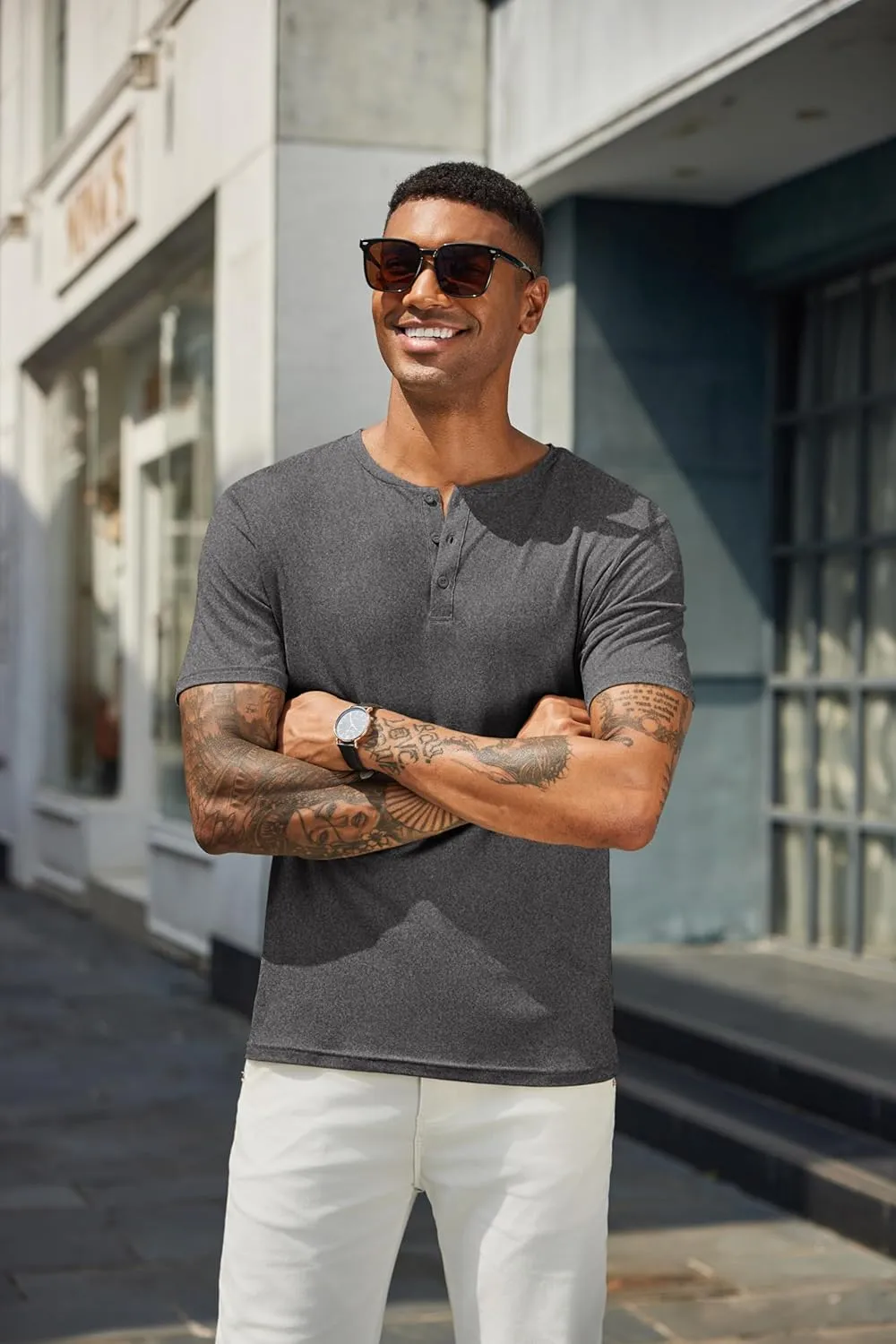 COOFANDY Men's Henley Shirts Short Sleeve Casual Summer Basic T Shirt Soild Button Tee Top