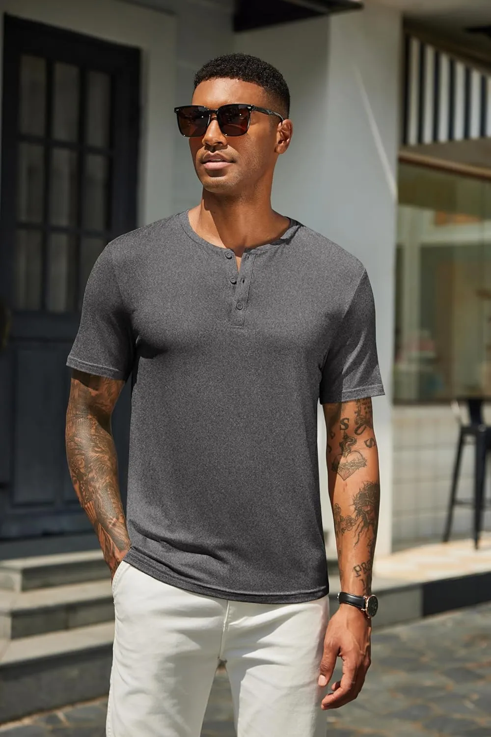COOFANDY Men's Henley Shirts Short Sleeve Casual Summer Basic T Shirt Soild Button Tee Top