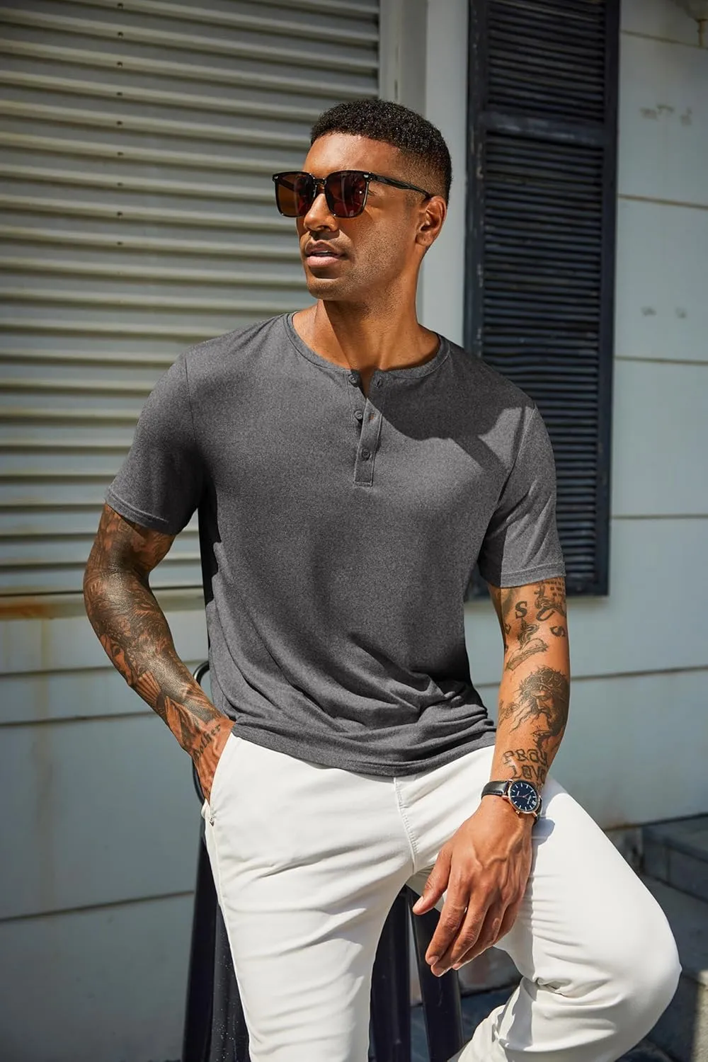 COOFANDY Men's Henley Shirts Short Sleeve Casual Summer Basic T Shirt Soild Button Tee Top