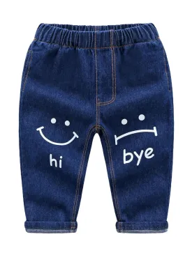 Cute Baby Toddler Girl Smile Face Letters Printed Blue Jeans
