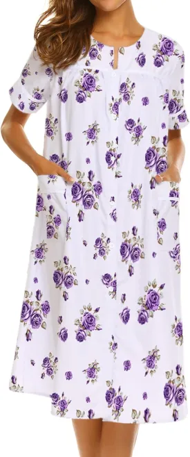 Ekouaer House Dress for Women with Pockets Button Down Duster Housecoat Short Sleeve Mumu Nightgown S-XXXL