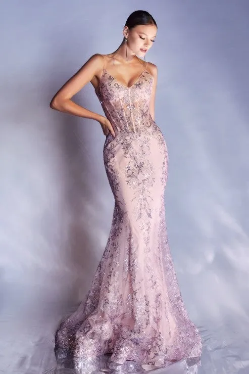 Embroidered Fantasy Sage Green Sequined Sleeveless Mermaid Gown