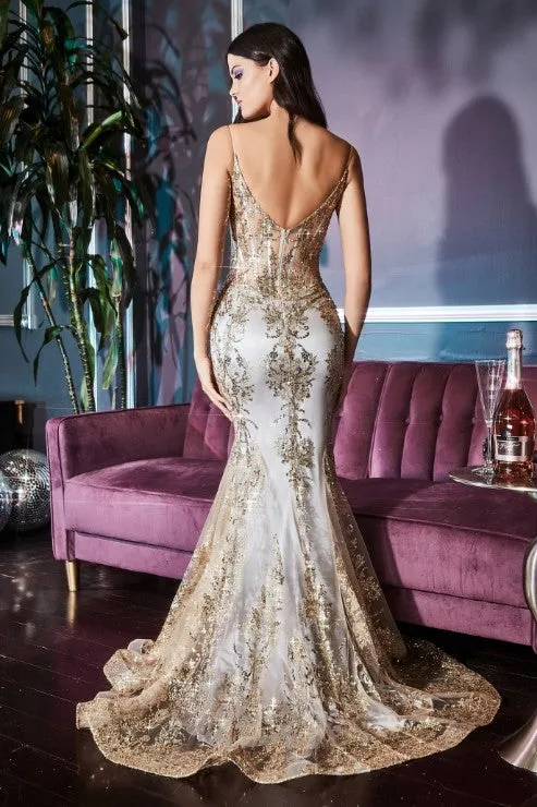 Embroidered Fantasy Sage Green Sequined Sleeveless Mermaid Gown