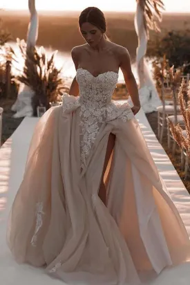 Fairy Ball Gown Sweetheart Dark Champagne Tulle Wedding Dresses with Appliques VK23061408