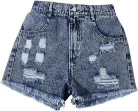 Floerns Girl's Ripped Raw Hem Elastic Waist Straight Leg Denim Shorts with Pockets