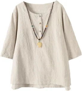 FTCayanz Women's Linen Tops Shirts Summer Casual Jacquard Tunic Blouse
