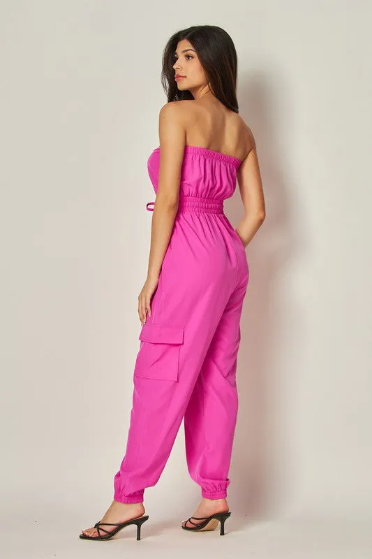 Fuchsia Long Cargo Drawstring Jogger Jumpsuit