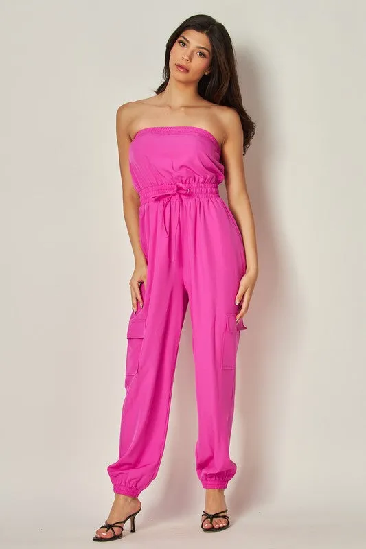Fuchsia Long Cargo Drawstring Jogger Jumpsuit