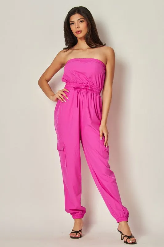 Fuchsia Long Cargo Drawstring Jogger Jumpsuit