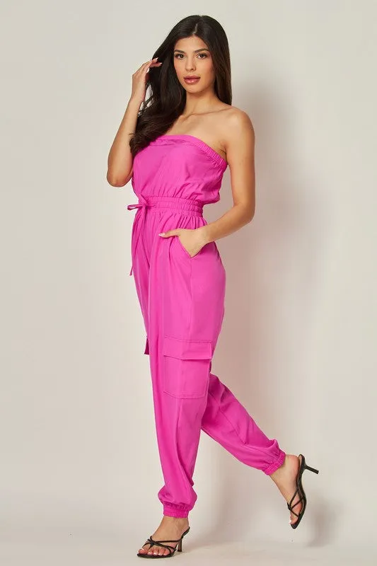 Fuchsia Long Cargo Drawstring Jogger Jumpsuit