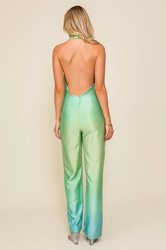 Green Combo Sleeveless Cowl Neck Ombre Jumpsuit