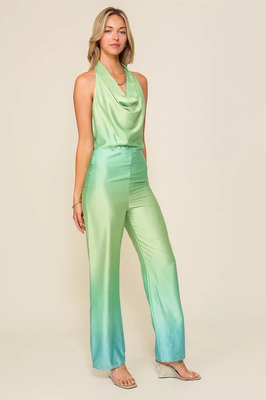 Green Combo Sleeveless Cowl Neck Ombre Jumpsuit