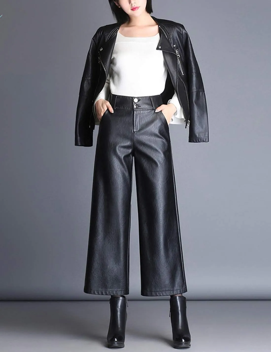 HaoMay Women's High Waist Wide Leg PU Faux Leather Cropped Pants Culottes